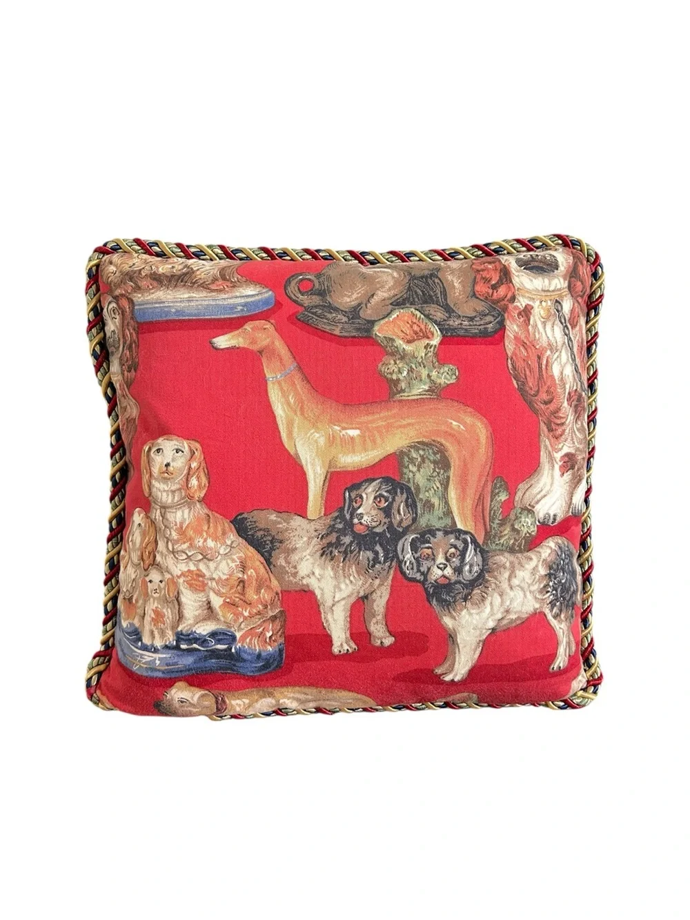 Vintage Staffordshire Dog Print Accent Pillow Red